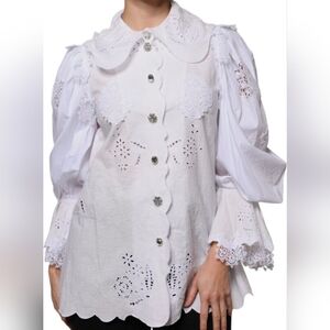 Dolce & Gabbana White Ruffled Lace Embroidered, Embellished Blouse Top Authentic